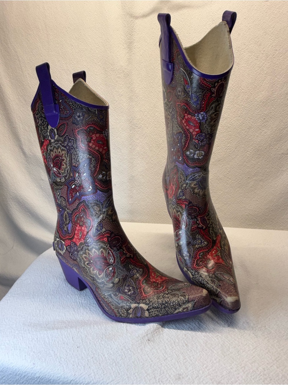 Forest Fairy Corkys Purple & Red Paisley Mid-Calf Heeled Rubber Rain Boots BOHO